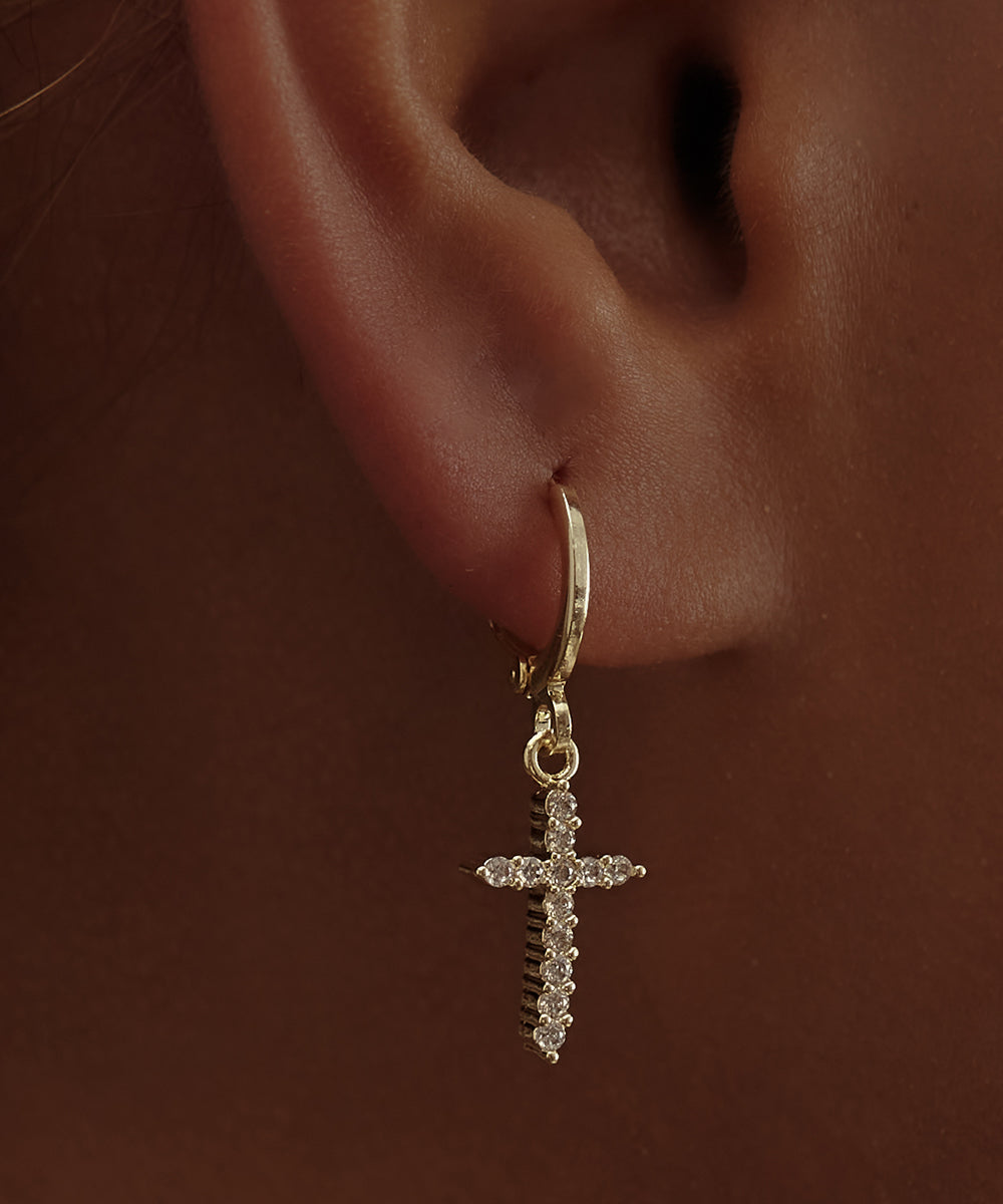 Tiny Cross Charm Huggie Hoops