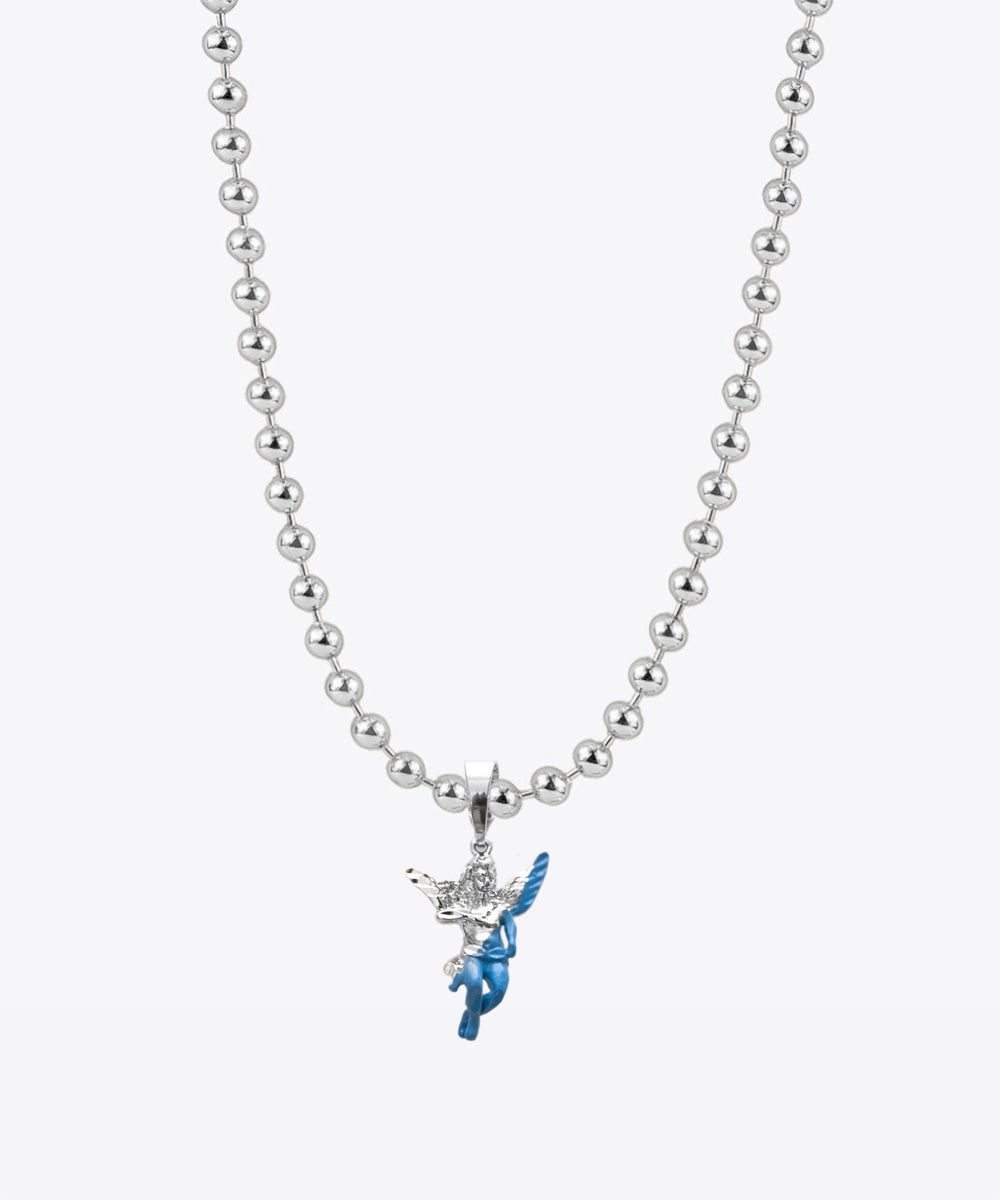 Silver Enamel Dipped Angel Ball chain Necklace
