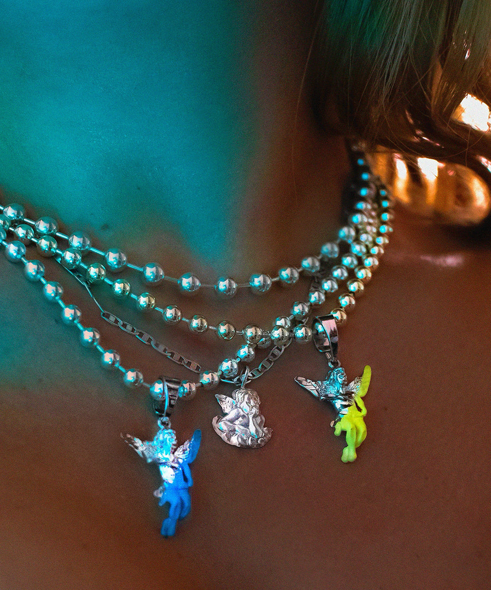 Silver Enamel Dipped Angel Ball chain Necklace