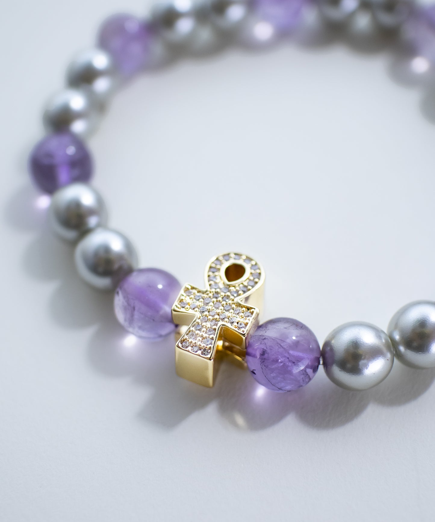 Ankh Amethyst & Pearl Charm Bracelet